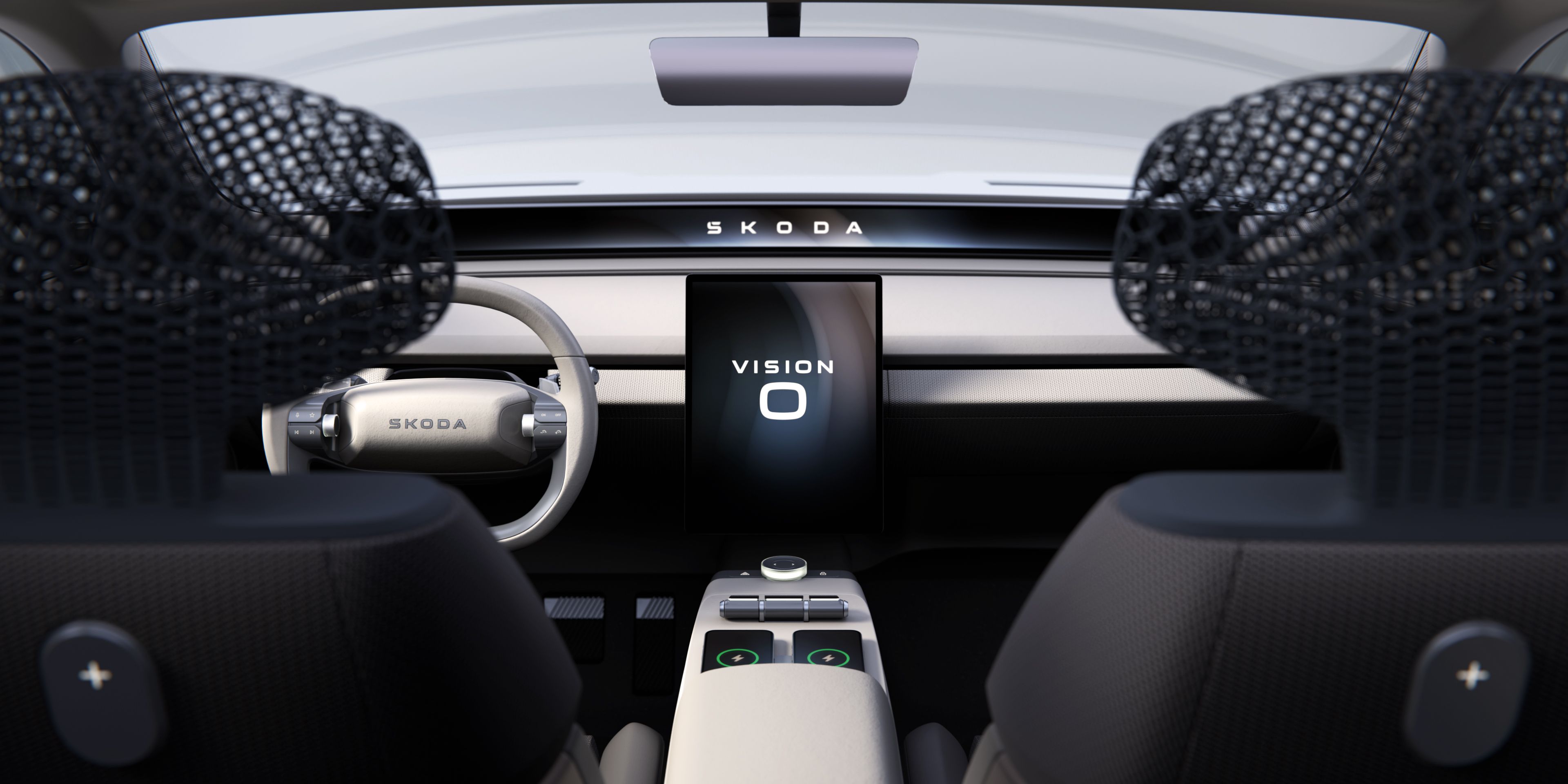 Škoda Vision O Interieur mit Blick auf das Infotainment aus zweiter Sitzreihe