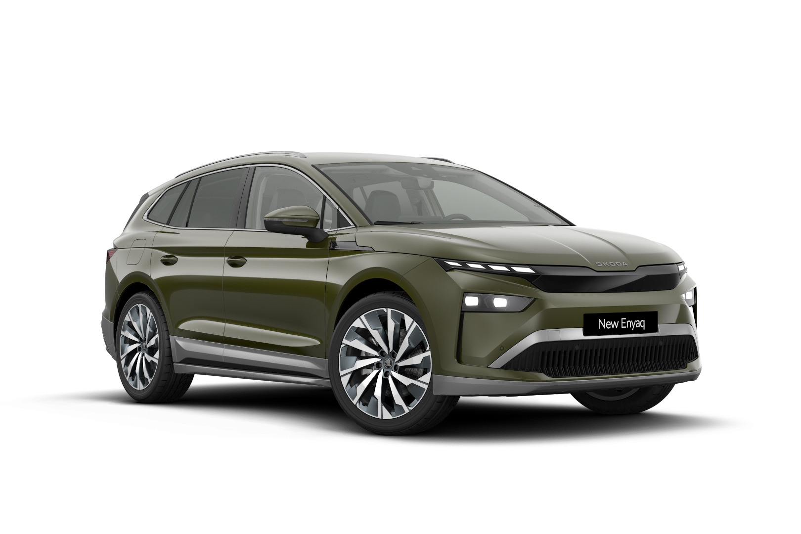 Škoda Enyaq schlammgrün schräge Frontansicht