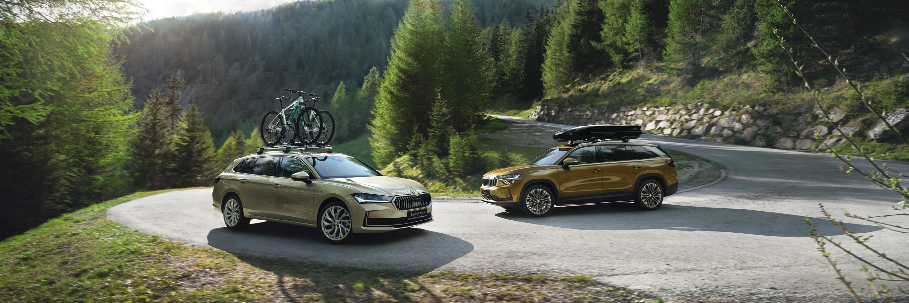 Ein Škoda Suberb Combi und ein Škoda Kodiaq mit Fahrrad Dachträger