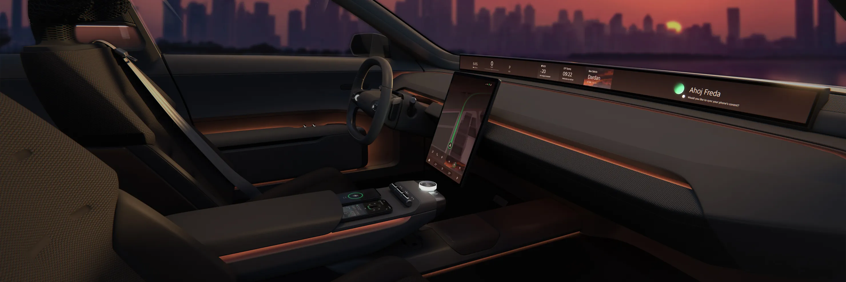 Škoda Vision O Interieur mit Blick auf das Infotainment in der Nacht