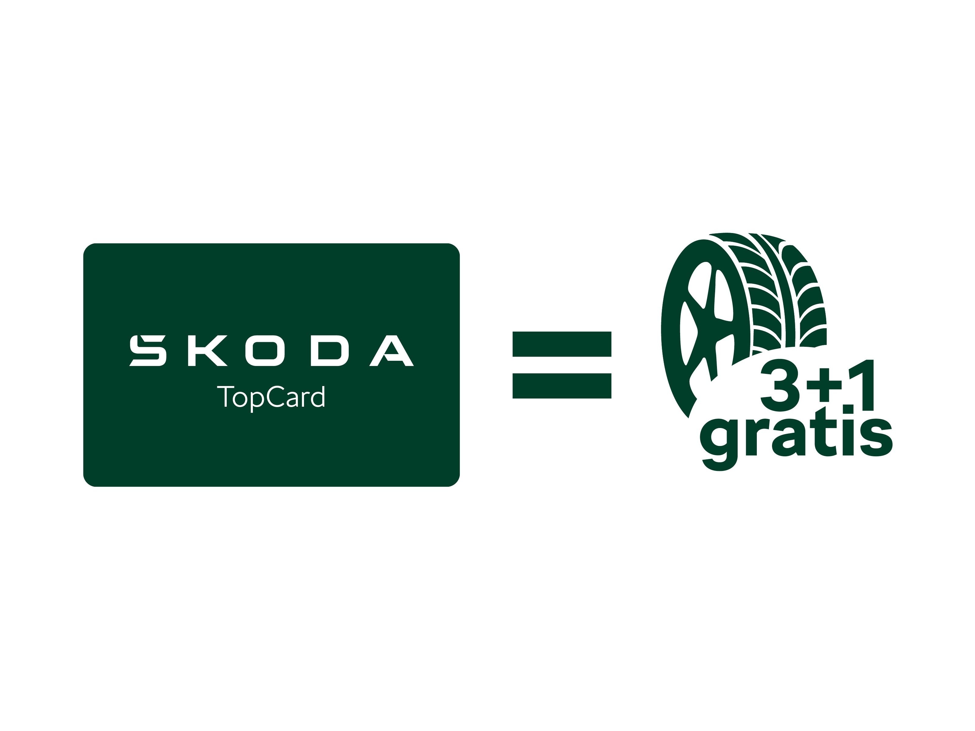 Grafik zur Škoda Winterkompletträder 3 plus 1 gratis Aktion mit der Škoda TopCard und einem Winterkomplettrad.