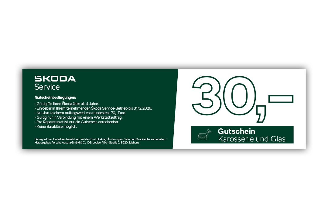 Škoda Service Gutschein für Karosserie und Glas.