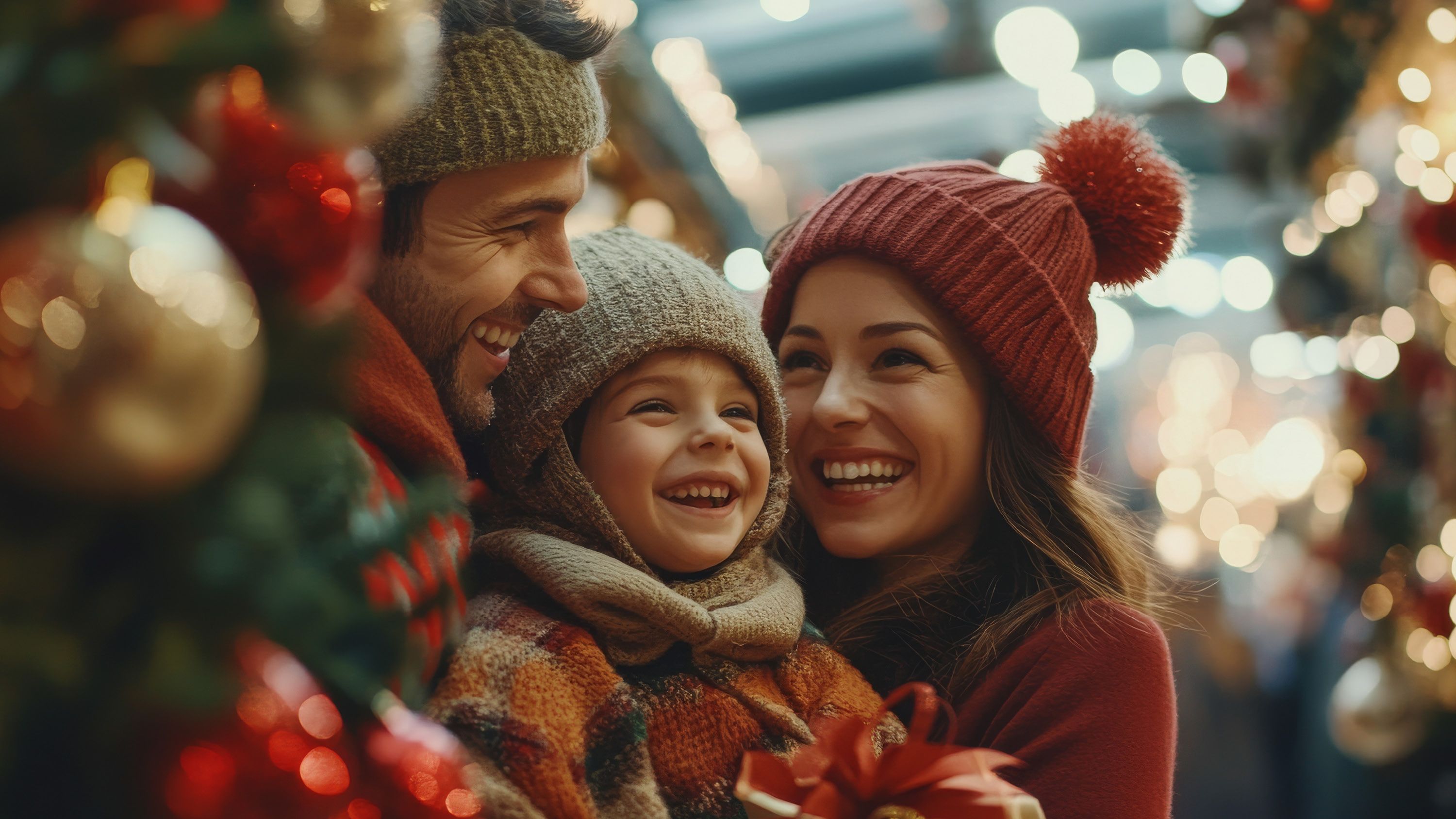 Eine Familie, Vater, Mutter und kleines Kind auf einem Weihnachtsmarkt.