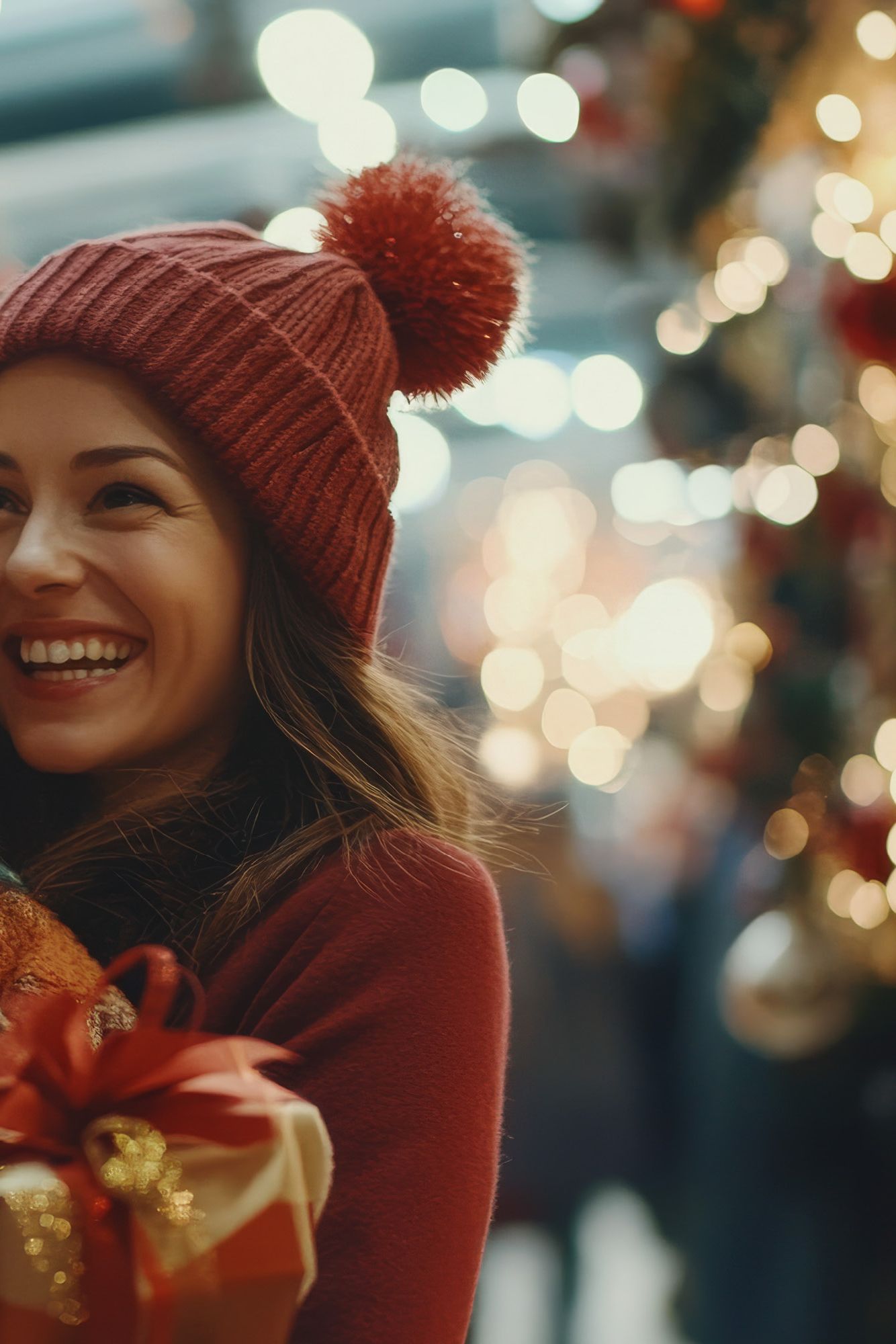 Eine Familie, Vater, Mutter und kleines Kind auf einem Weihnachtsmarkt.