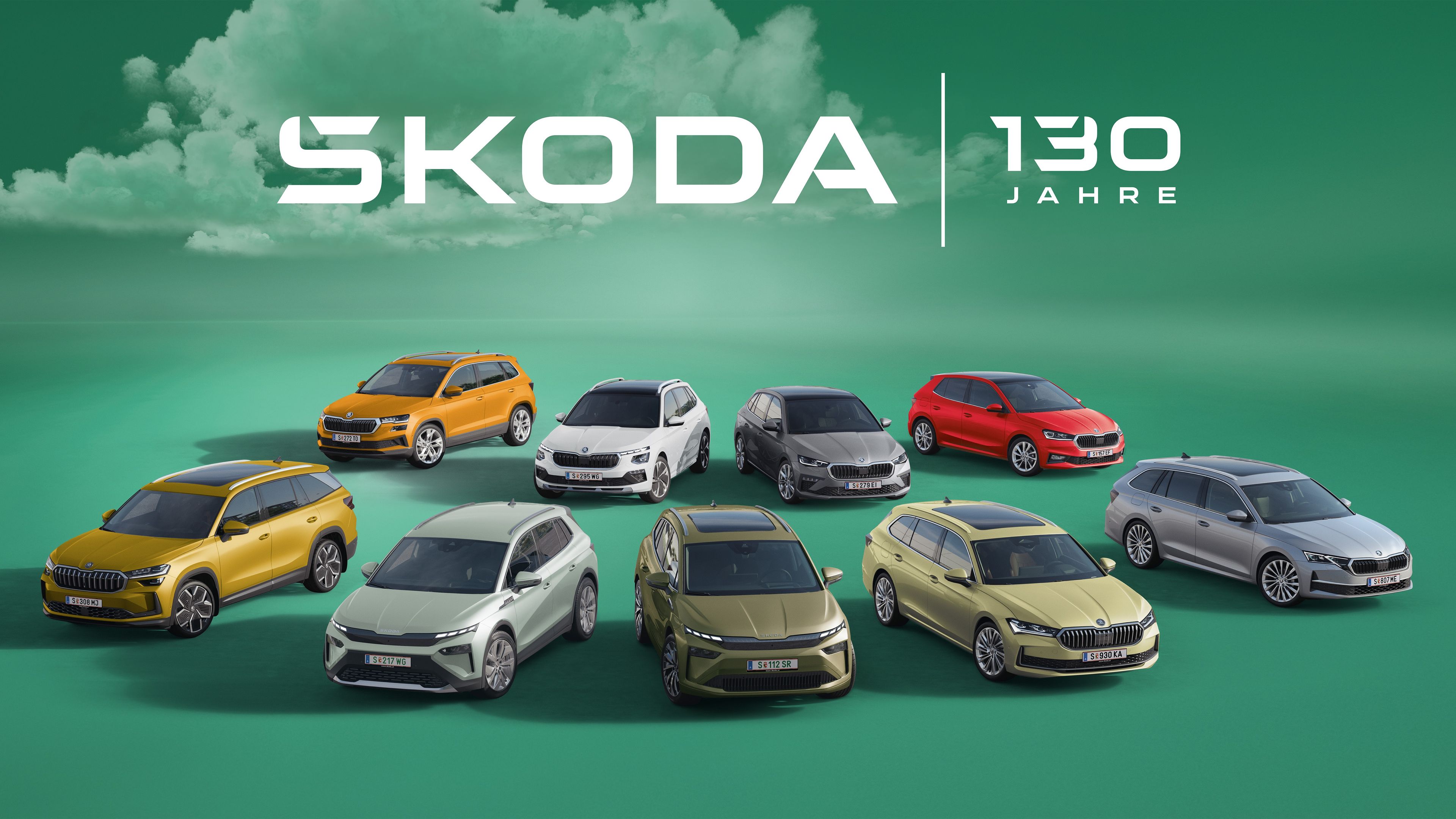 Škoda Modellpalette - Logo 130 Jahre - grüner Hintergrund