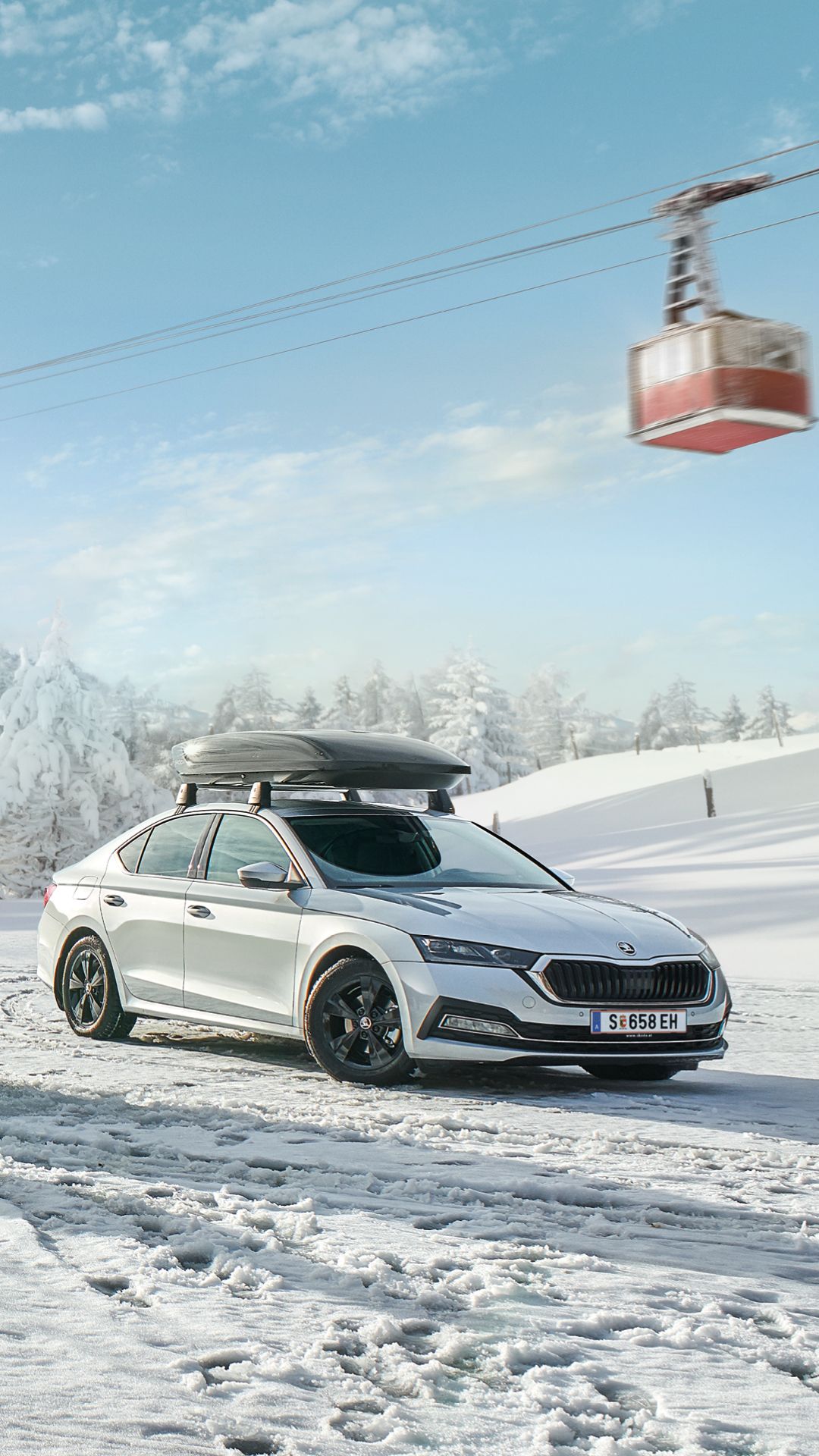 Ein silberner Škoda Superb mit Dachbox parkt in einer winterlichen Landschaft.