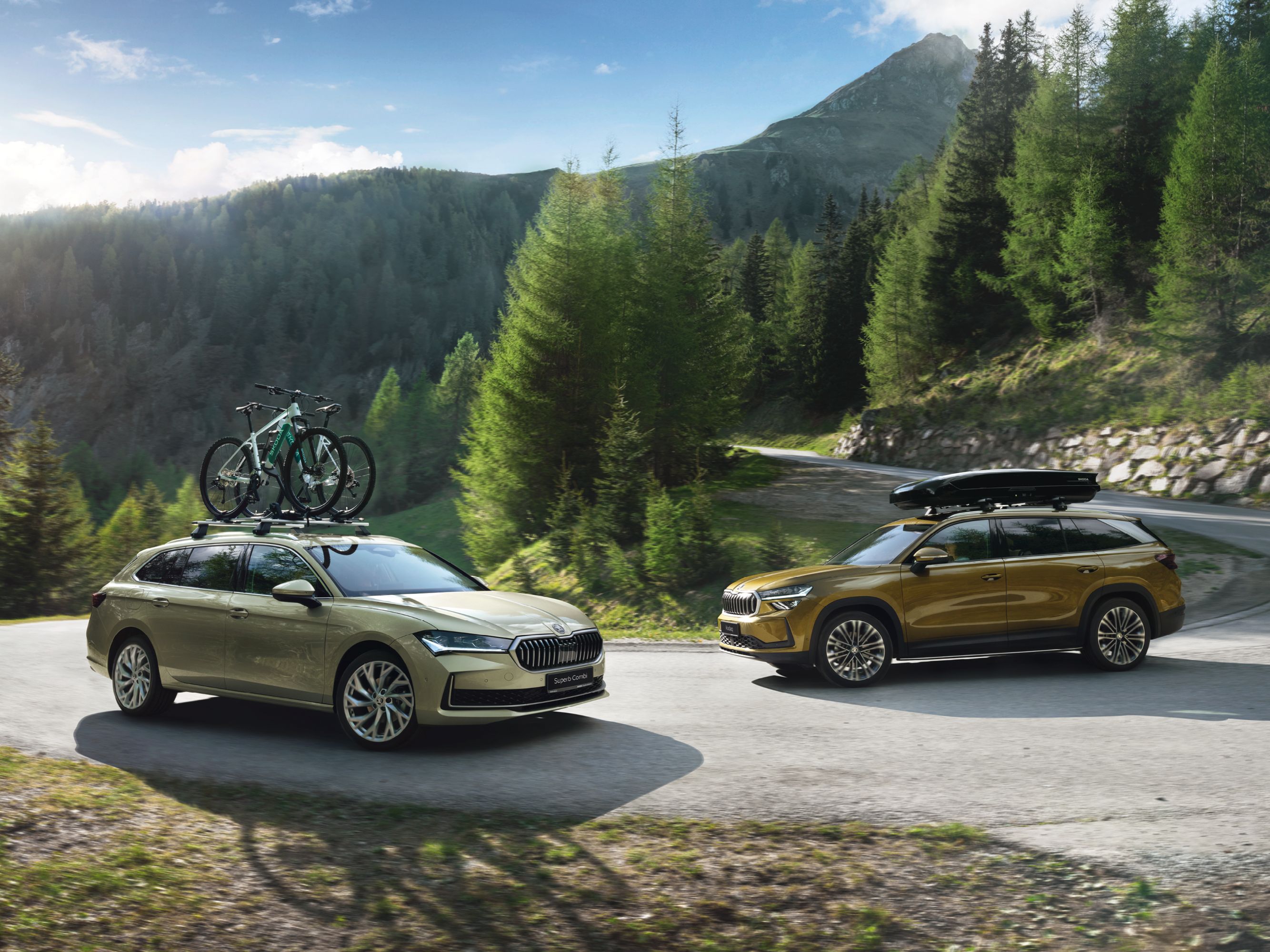 Ein Škoda Suberb Combi und ein Škoda Kodiaq mit Fahrrad Dachträger