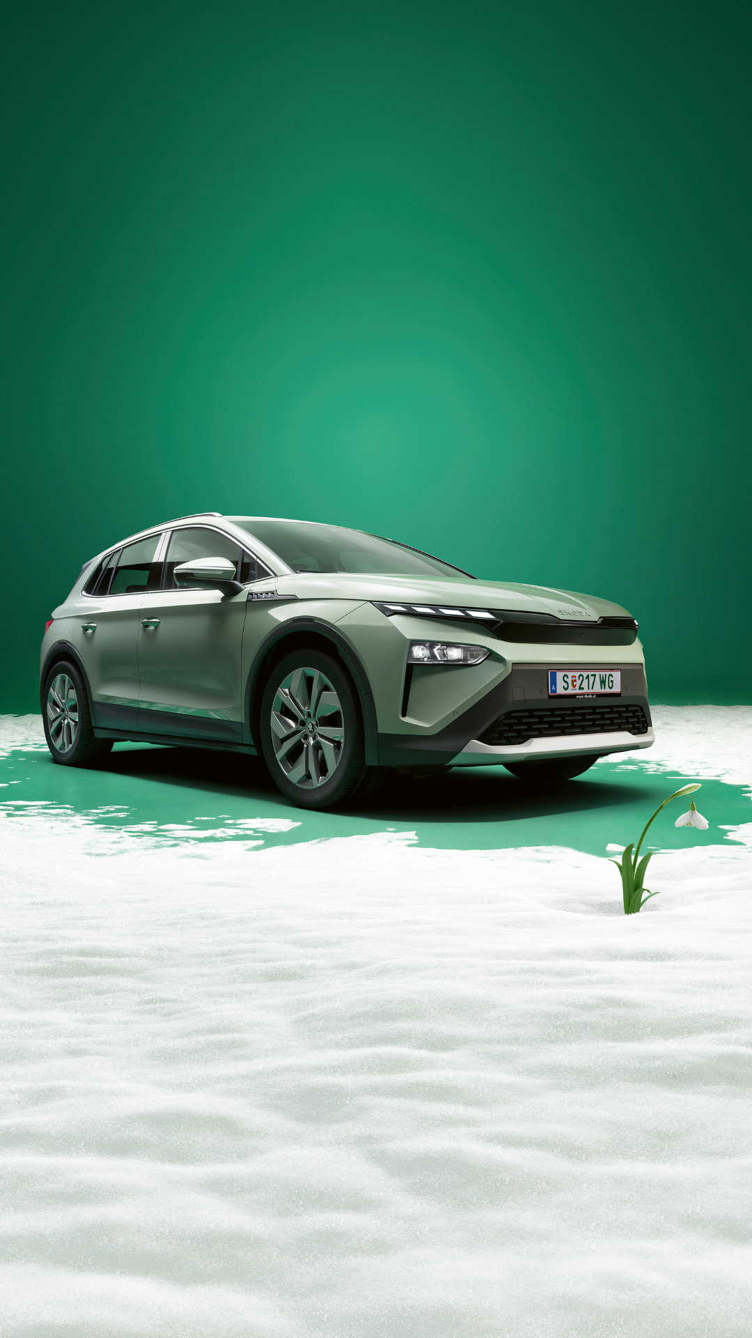 Škoda Elroq mit Schneeglöckchen im Schnee