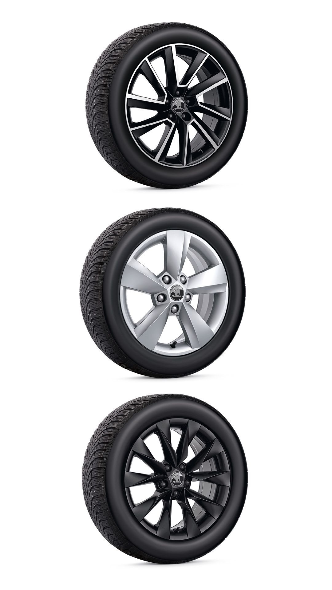 Ansicht von drei verschiedenen Škoda Winterkompletträdern.